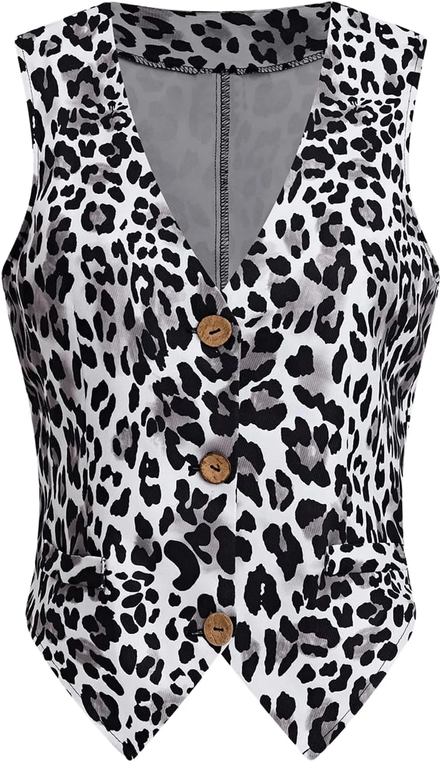 MakeMeChic Women's Leopard Print Vests V Neck Cheetah Vest Sleeveless Jacket Vest Tops Blazer Vests