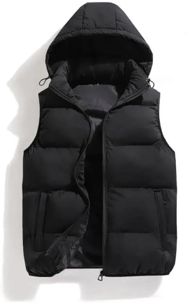 Men's Cotton-Padded Vests Zip Up Hooded Warm Waistcoat Casual Removable Hooded Solid Vests