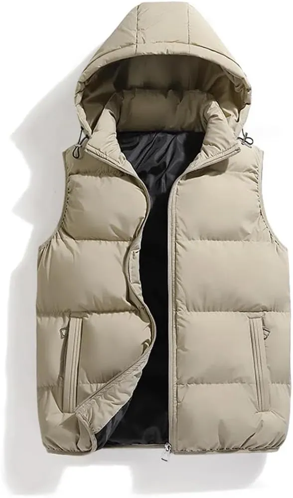 Men's Cotton-Padded Vests Zip Up Hooded Warm Waistcoat Casual Removable Hooded Solid Vests