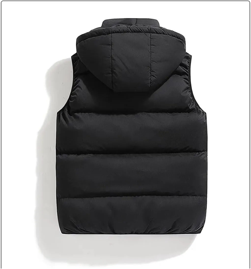 Men's Cotton-Padded Vests Zip Up Hooded Warm Waistcoat Casual Removable Hooded Solid Vests