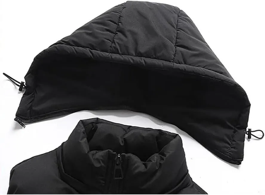 Men's Cotton-Padded Vests Zip Up Hooded Warm Waistcoat Casual Removable Hooded Solid Vests