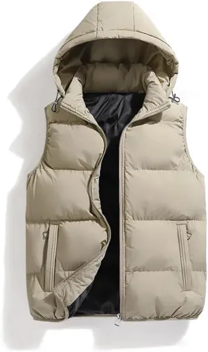 Men's Cotton-Padded Vests Zip Up Hooded Warm Waistcoat Casual Removable Hooded Solid Vests