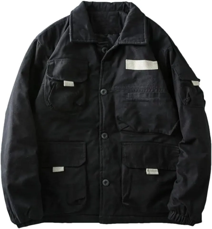 Men's Thick Cotton Padded Cargo Jackets Loose Warm Parkas Multi-Pocket Coat
