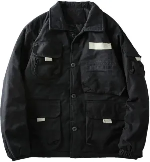 Men's Thick Cotton Padded Cargo Jackets Loose Warm Parkas Multi-Pocket Coat