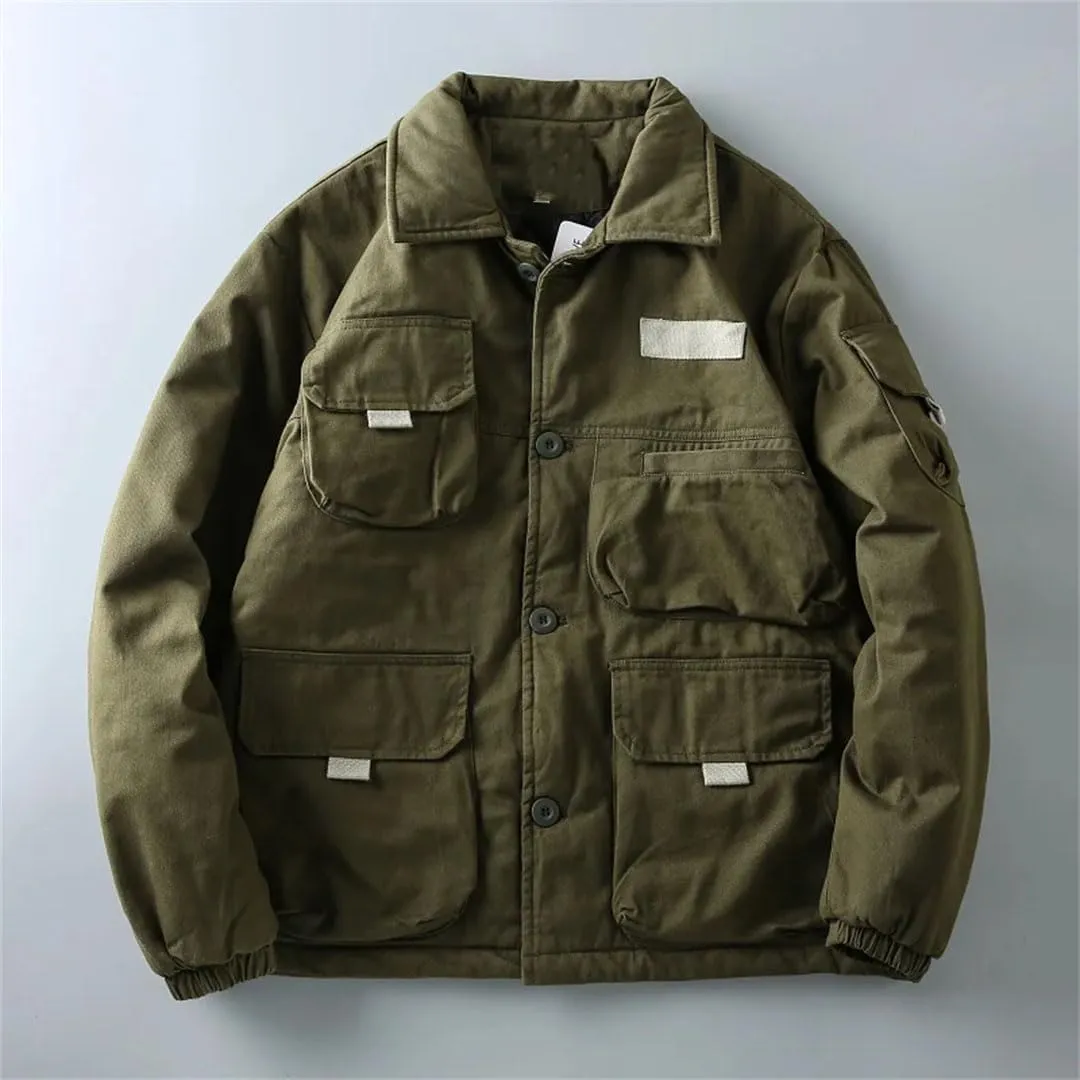 Men's Thick Cotton Padded Cargo Jackets Loose Warm Parkas Multi-Pocket Coat