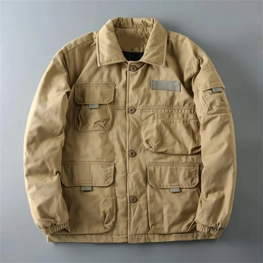 Men's Thick Cotton Padded Cargo Jackets Loose Warm Parkas Multi-Pocket Coat
