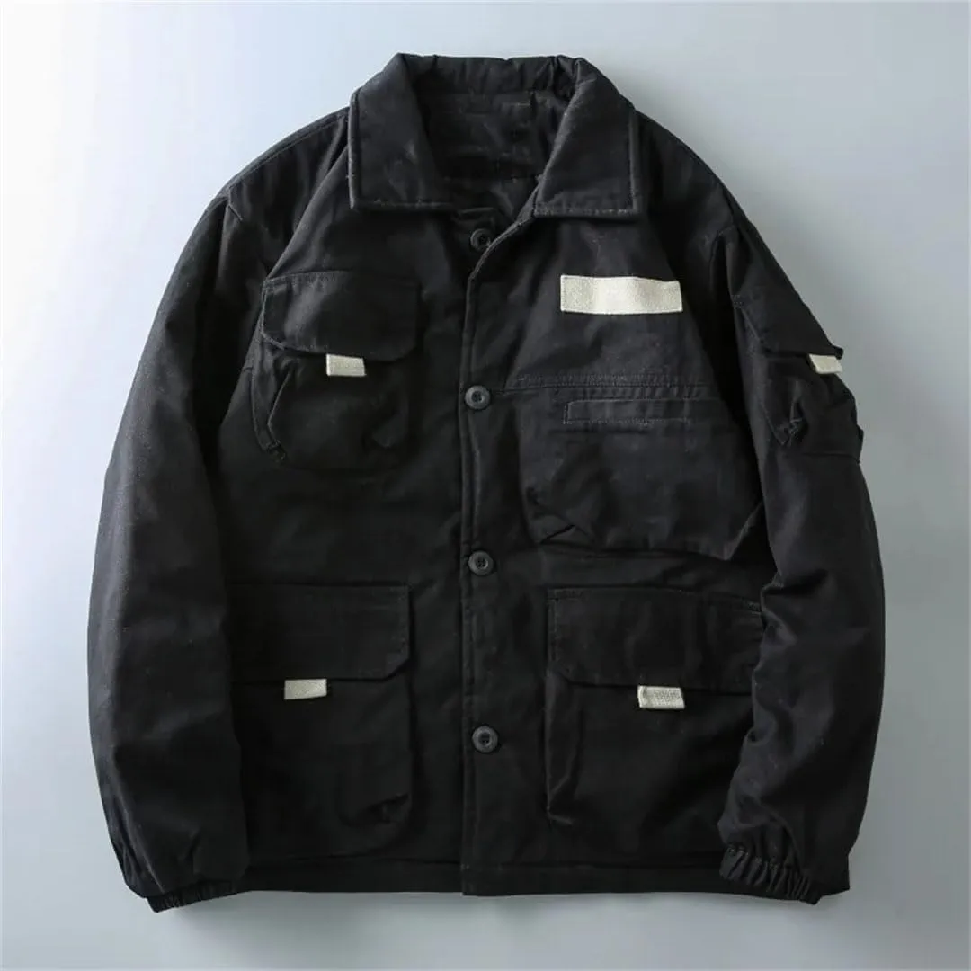 Men's Thick Cotton Padded Cargo Jackets Loose Warm Parkas Multi-Pocket Coat