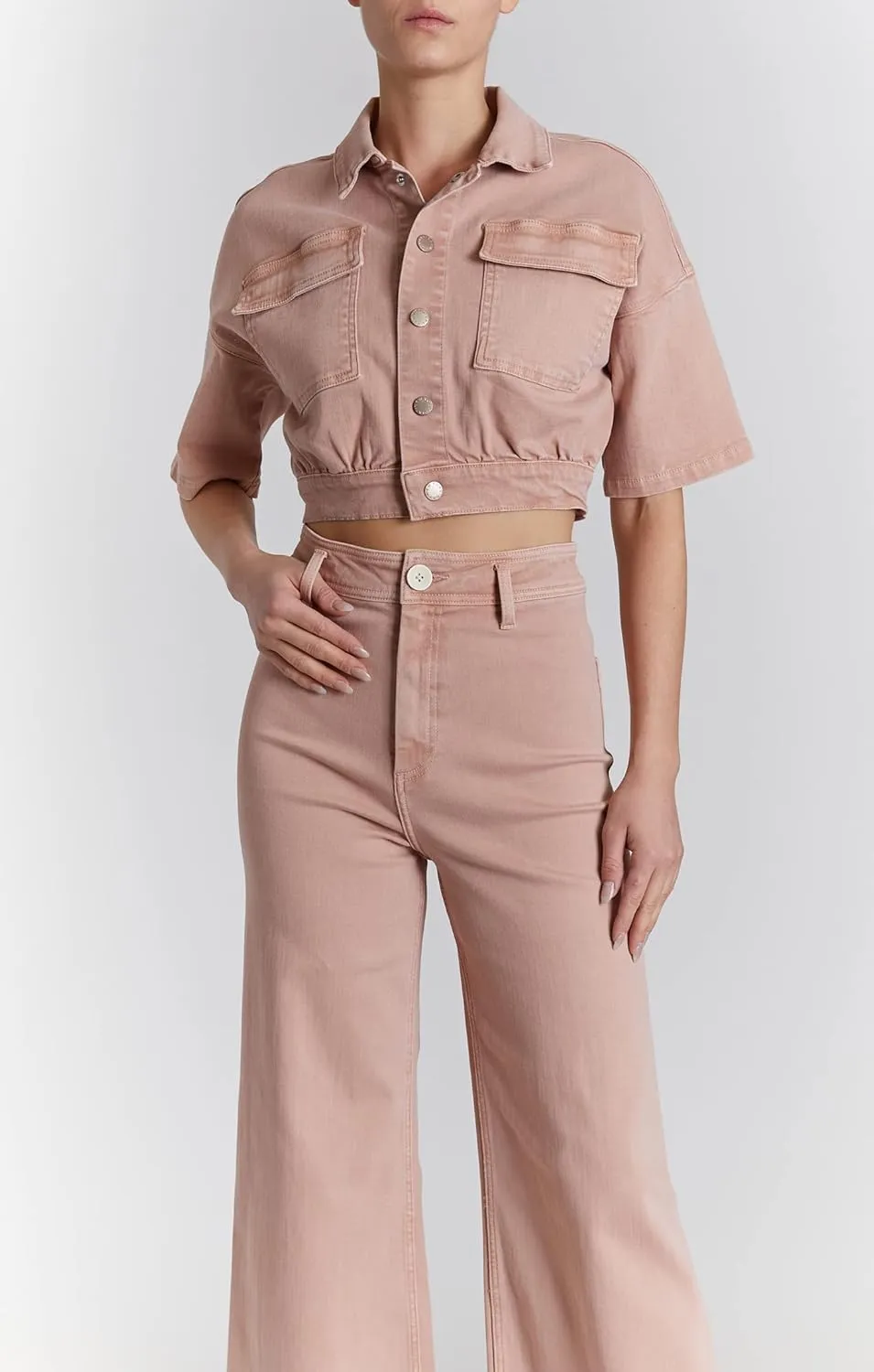 O A T NEW YORK Women's Luxury Clothing Cropped Short Sleeve Denim Jackets with Elastic Waists, Comfortable & Stylish Coats