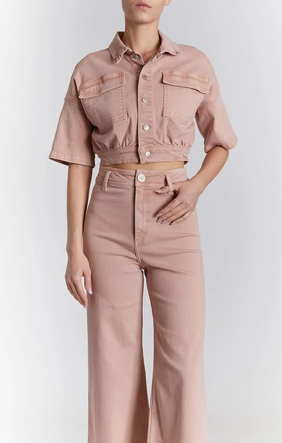 O A T NEW YORK Women's Luxury Clothing Cropped Short Sleeve Denim Jackets with Elastic Waists, Comfortable & Stylish Coats