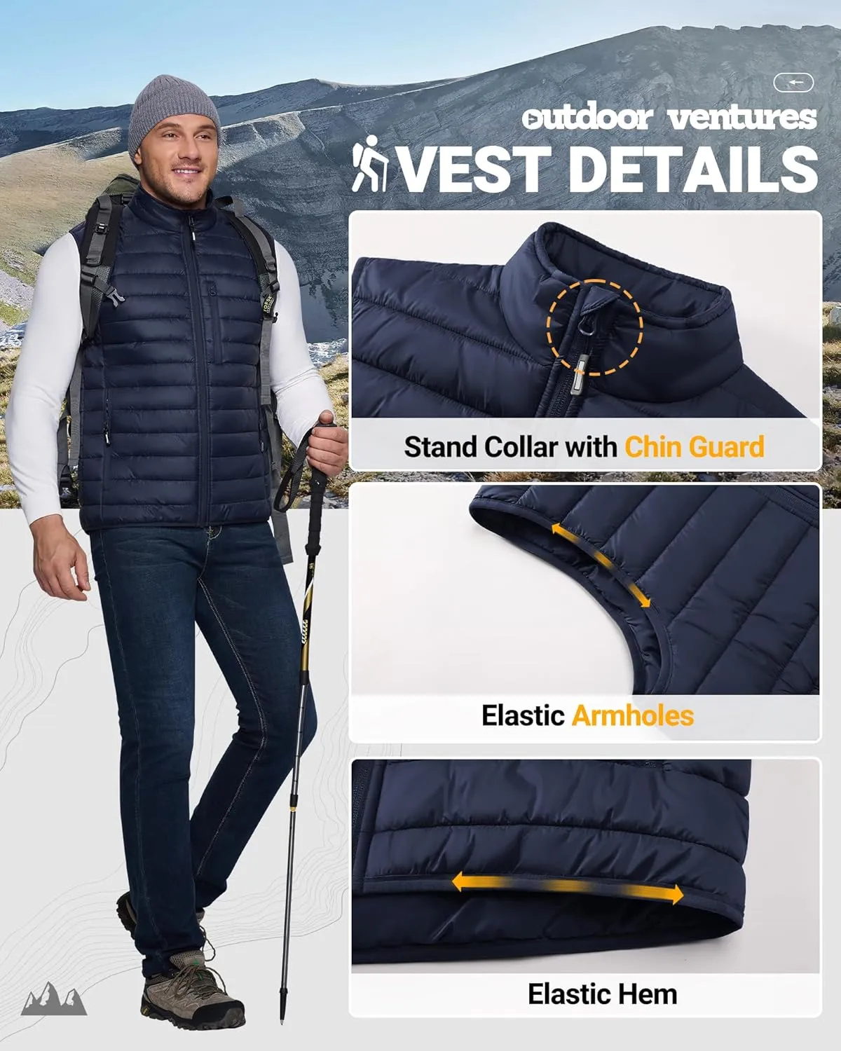 Outdoor Ventures Men's Lightweight Puffer Vest Outerwear Warm Quilted Sleeveless Packable Winter Jacket for Hiking Running