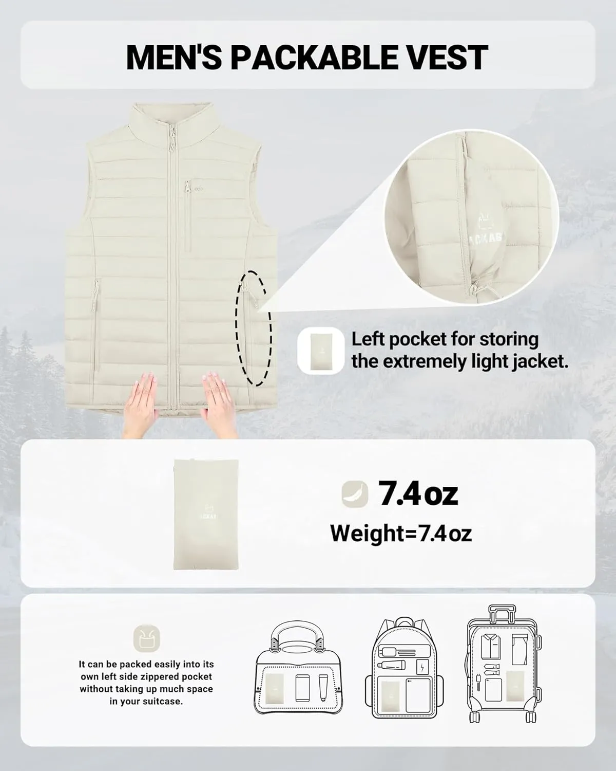 Outdoor Ventures Men's Lightweight Puffer Vest Outerwear Warm Quilted Sleeveless Packable Winter Jacket for Hiking Running