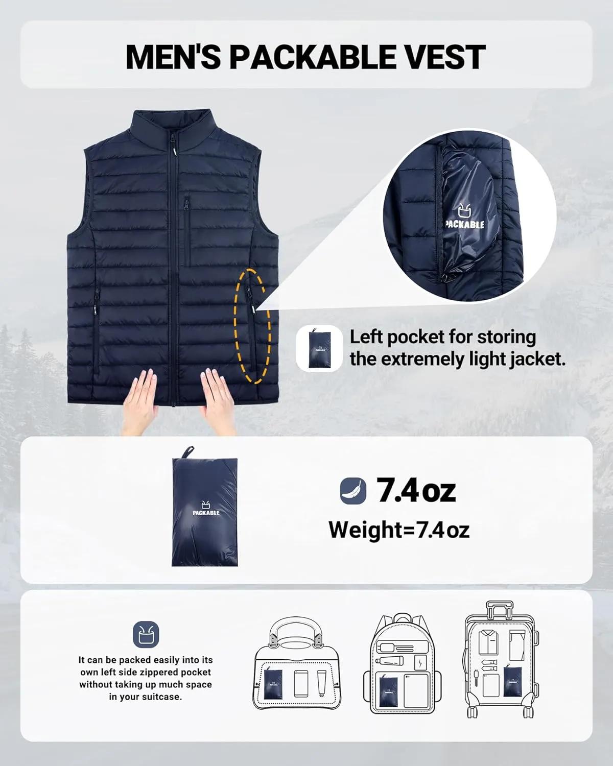 Outdoor Ventures Men's Lightweight Puffer Vest Outerwear Warm Quilted Sleeveless Packable Winter Jacket for Hiking Running
