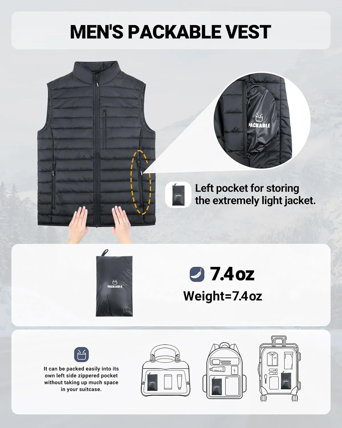 Outdoor Ventures Men's Lightweight Puffer Vest Outerwear Warm Quilted Sleeveless Packable Winter Jacket for Hiking Running