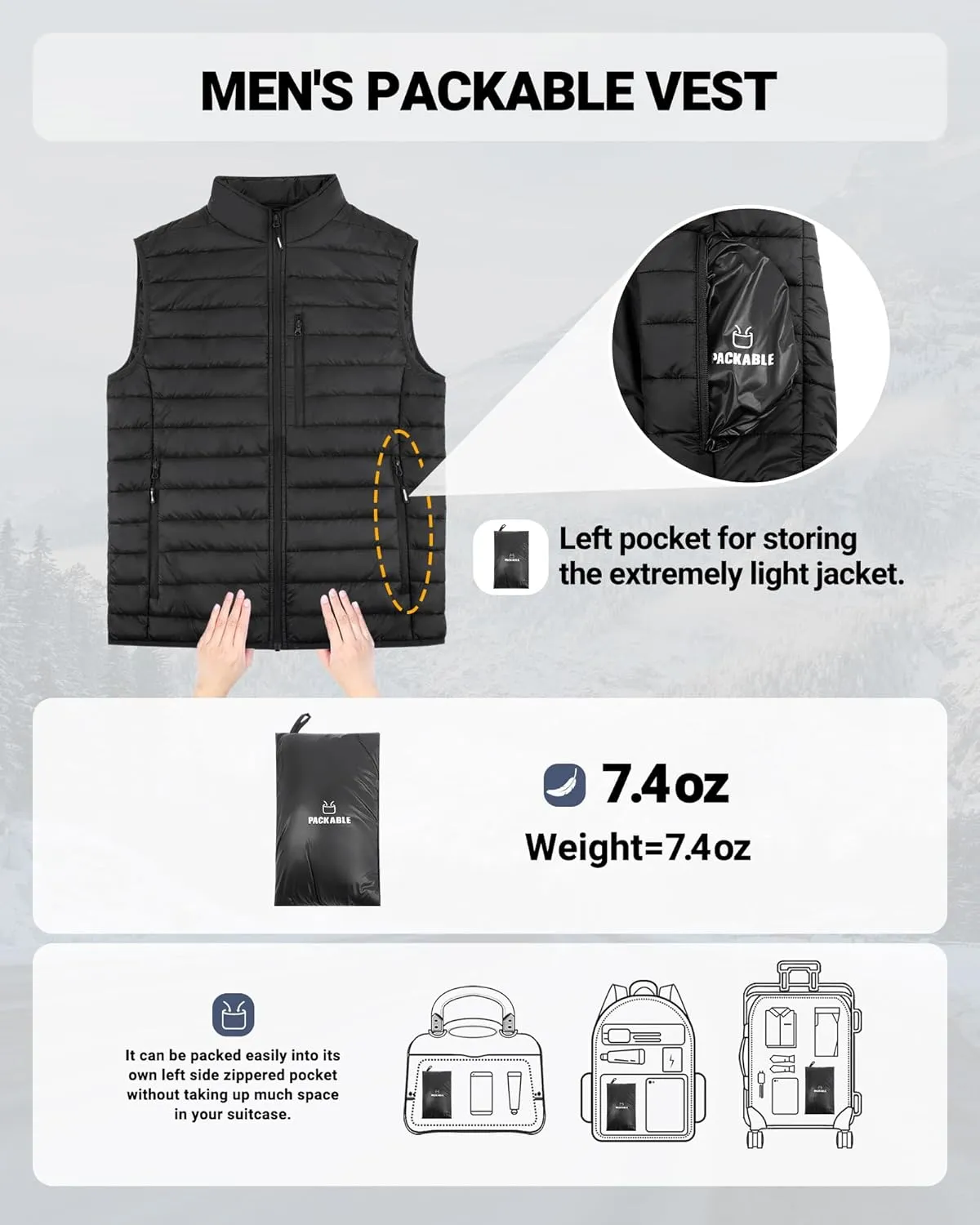 Outdoor Ventures Men's Lightweight Puffer Vest Outerwear Warm Quilted Sleeveless Packable Winter Jacket for Hiking Running