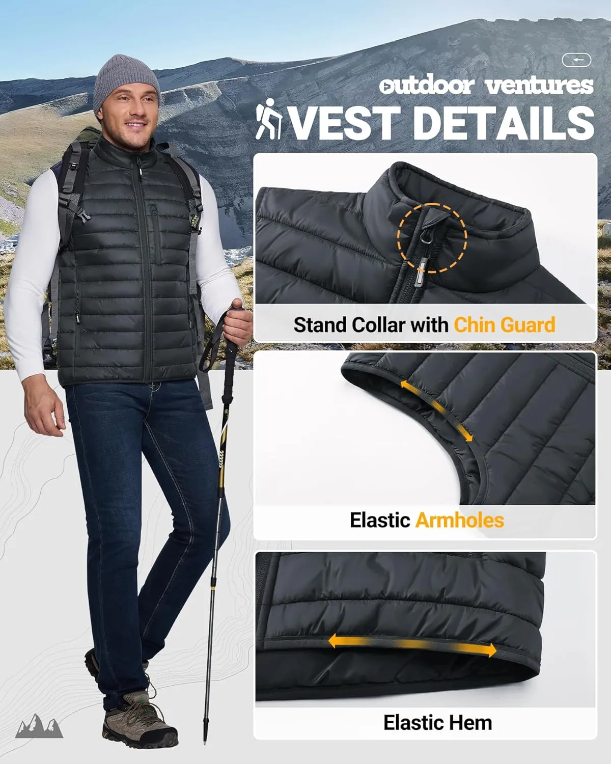 Outdoor Ventures Men's Lightweight Puffer Vest Outerwear Warm Quilted Sleeveless Packable Winter Jacket for Hiking Running