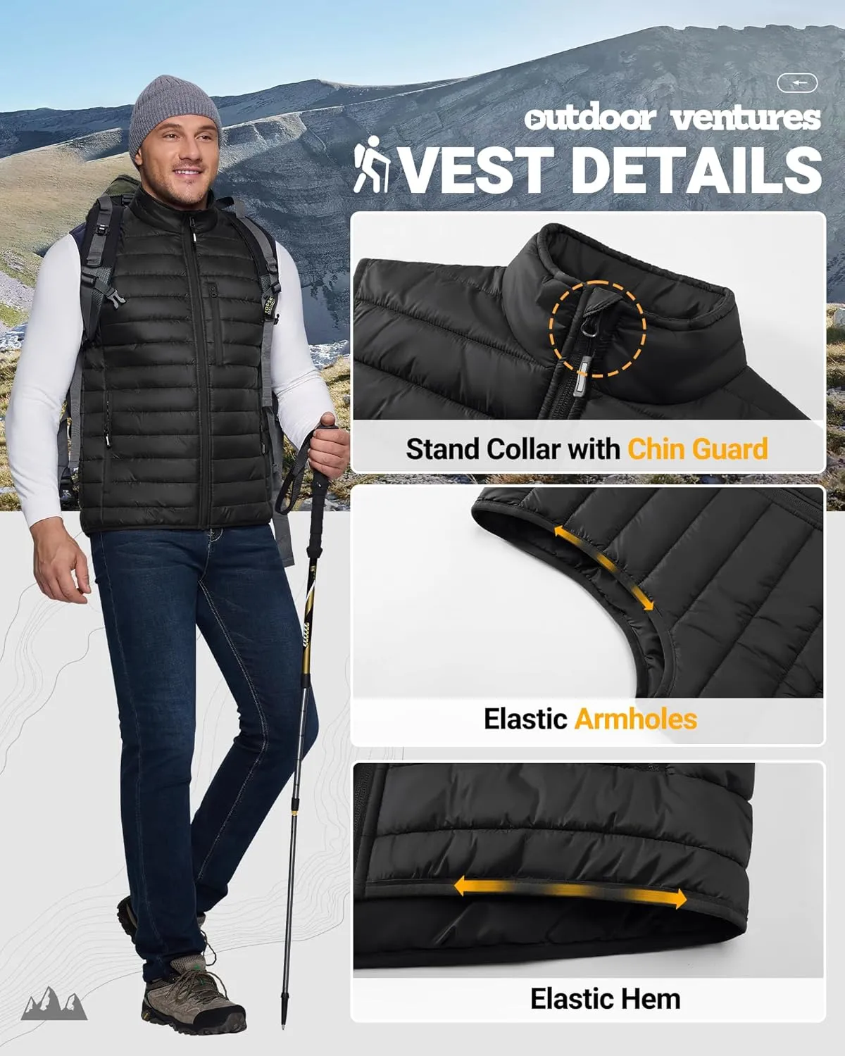 Outdoor Ventures Men's Lightweight Puffer Vest Outerwear Warm Quilted Sleeveless Packable Winter Jacket for Hiking Running