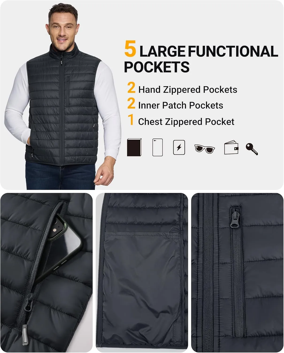 Outdoor Ventures Men's Lightweight Puffer Vest Outerwear Warm Quilted Sleeveless Packable Winter Jacket for Hiking Running