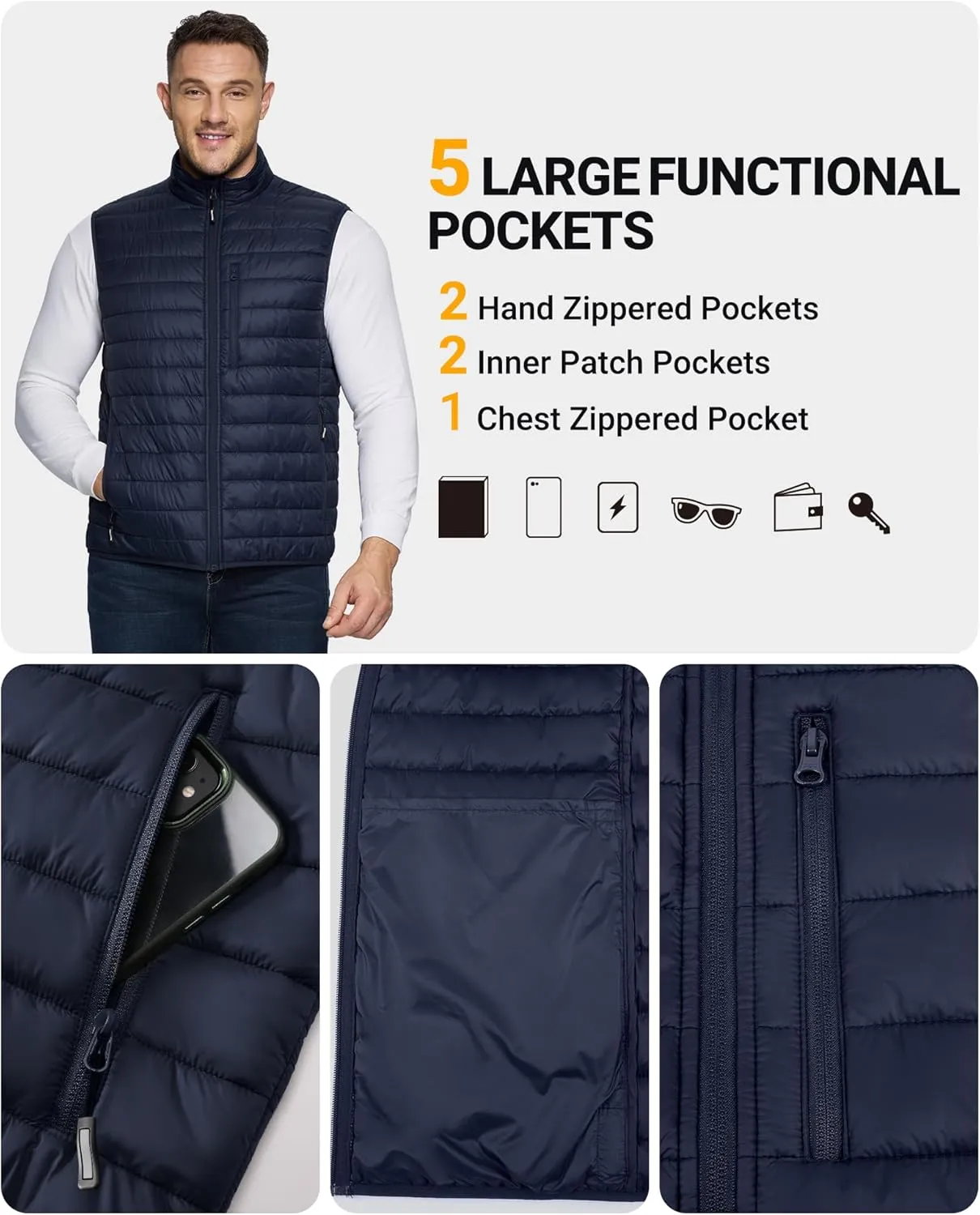 Outdoor Ventures Men's Lightweight Puffer Vest Outerwear Warm Quilted Sleeveless Packable Winter Jacket for Hiking Running