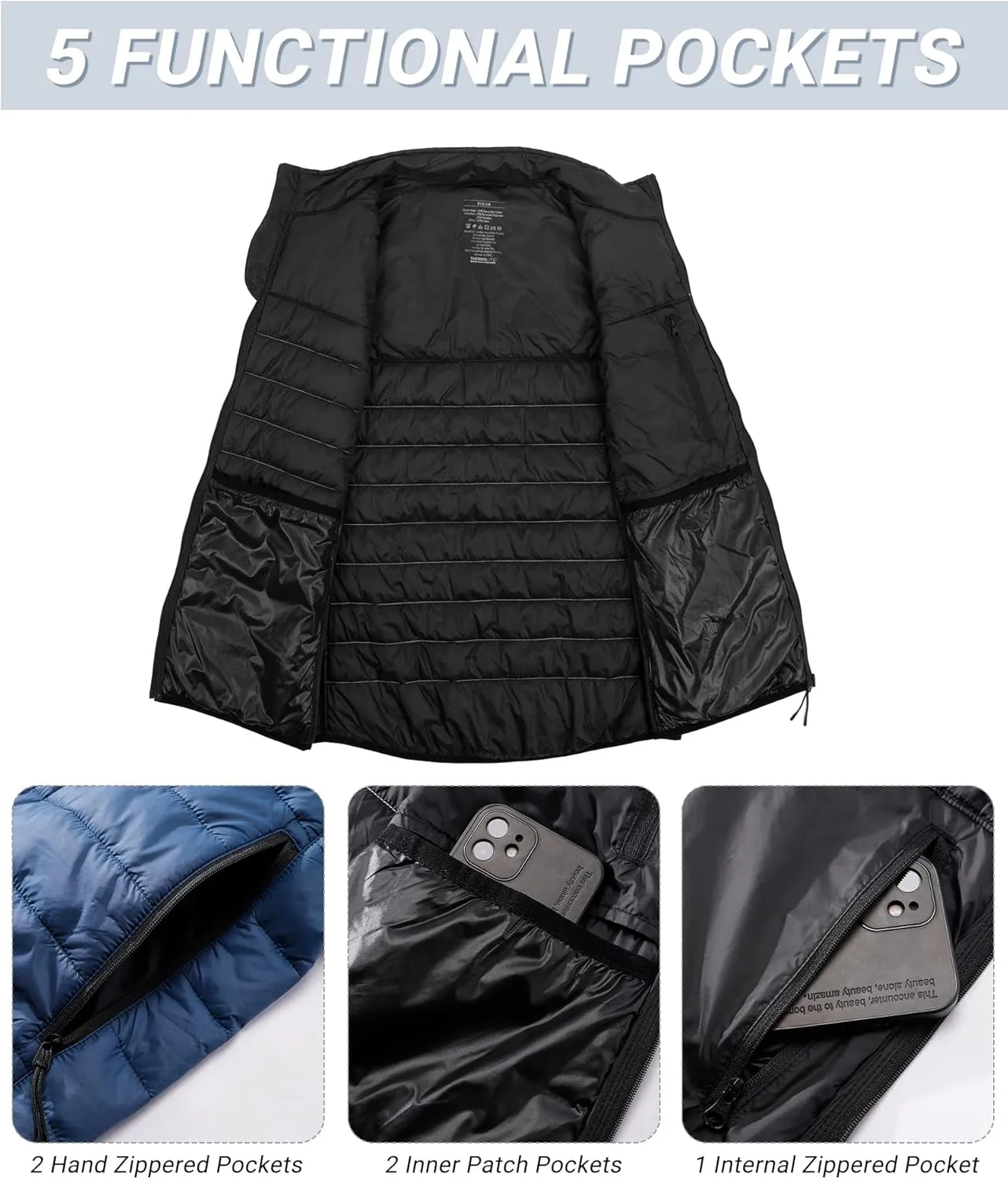 Outdoor Ventures Men's Lightweight Puffer Vest Outerwear Warm Quilted Sleeveless Packable Winter Jacket for Hiking Running