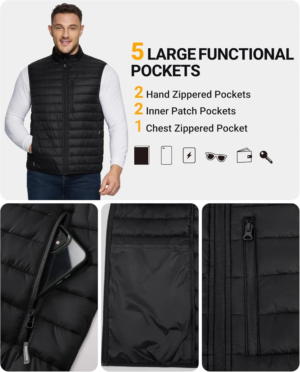Outdoor Ventures Men's Lightweight Puffer Vest Outerwear Warm Quilted Sleeveless Packable Winter Jacket for Hiking Running