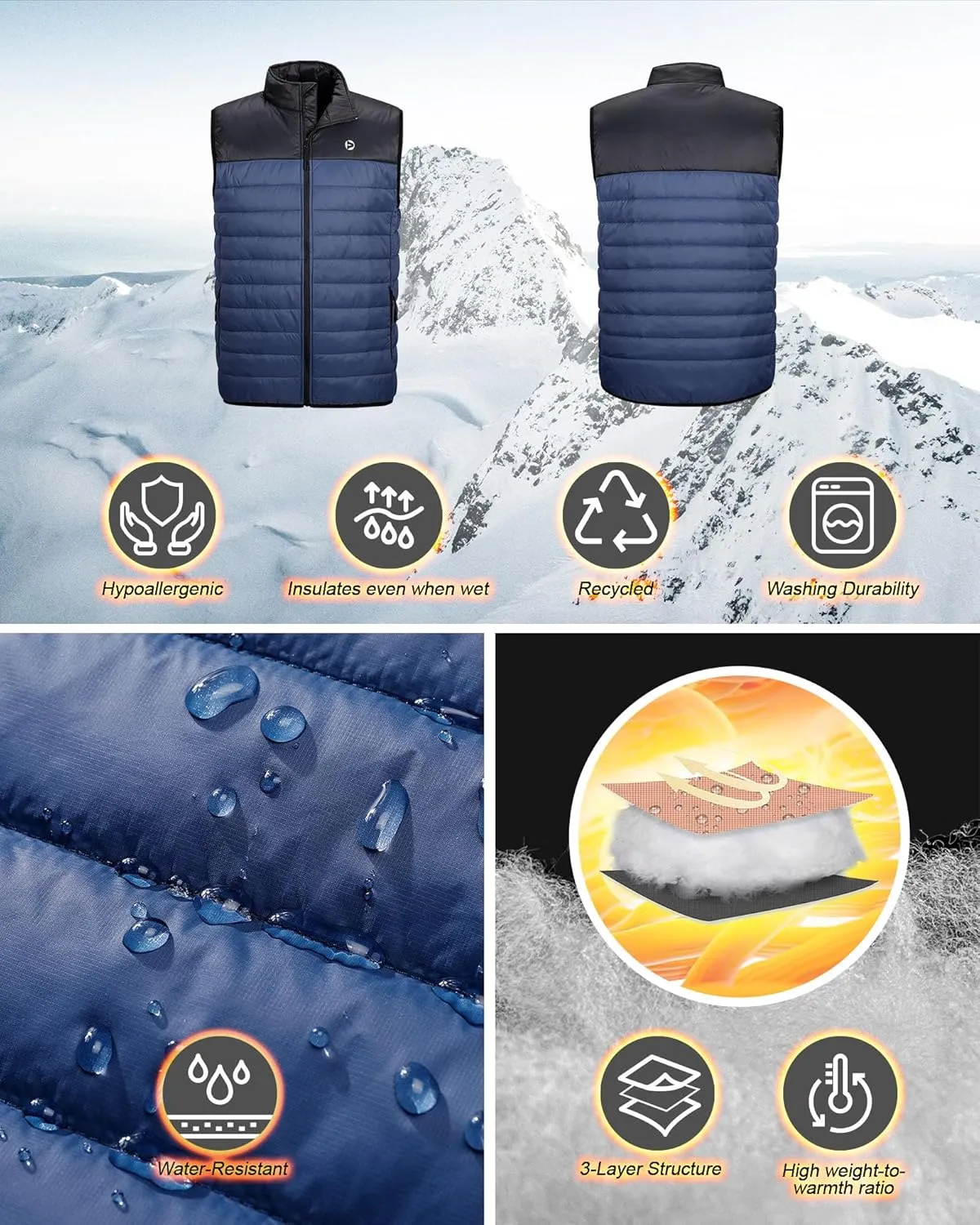 Outdoor Ventures Men's Lightweight Puffer Vest Outerwear Warm Quilted Sleeveless Packable Winter Jacket for Hiking Running