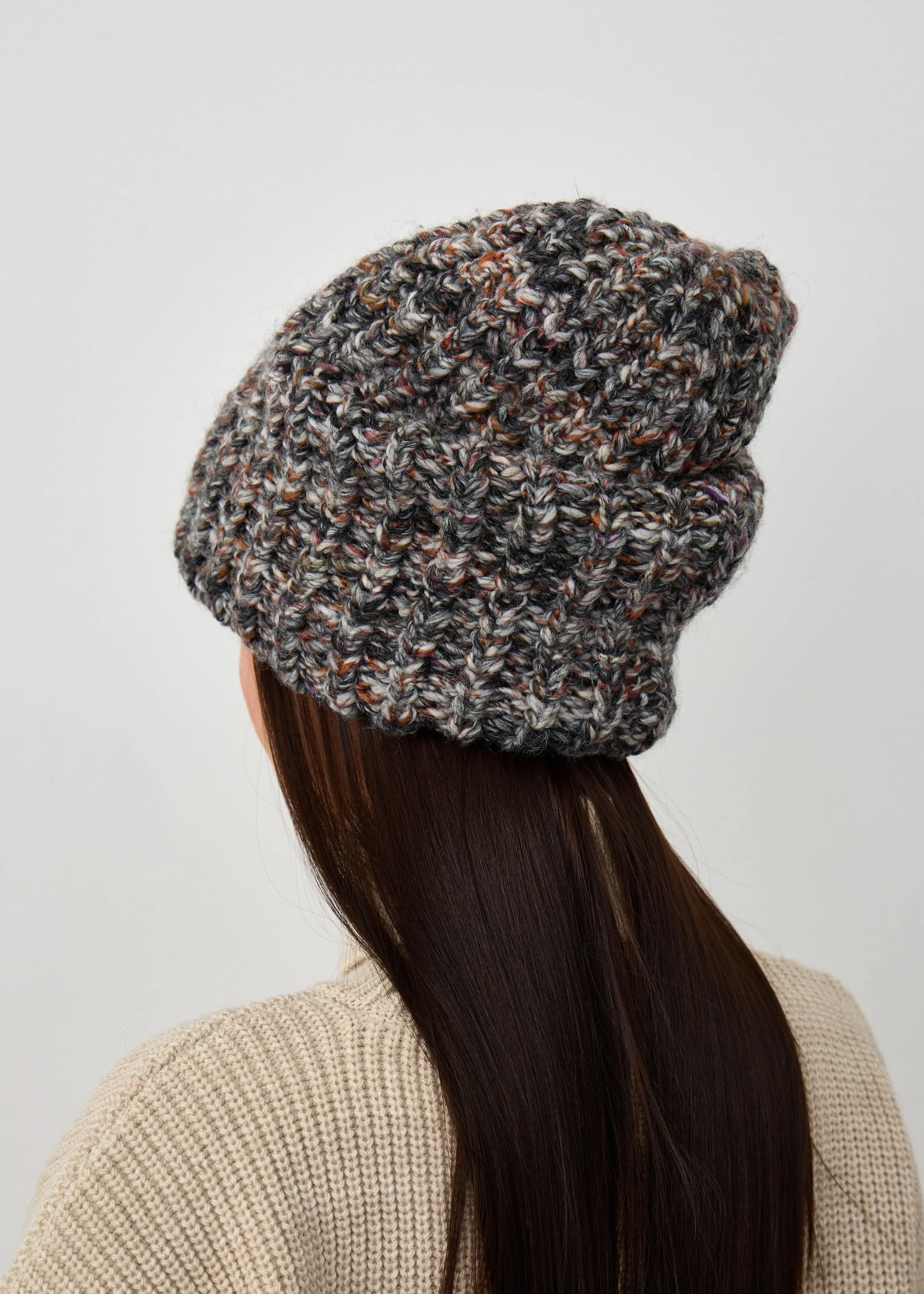 Oversized Double-Layer Wool Hat in Grey & White & Brown
