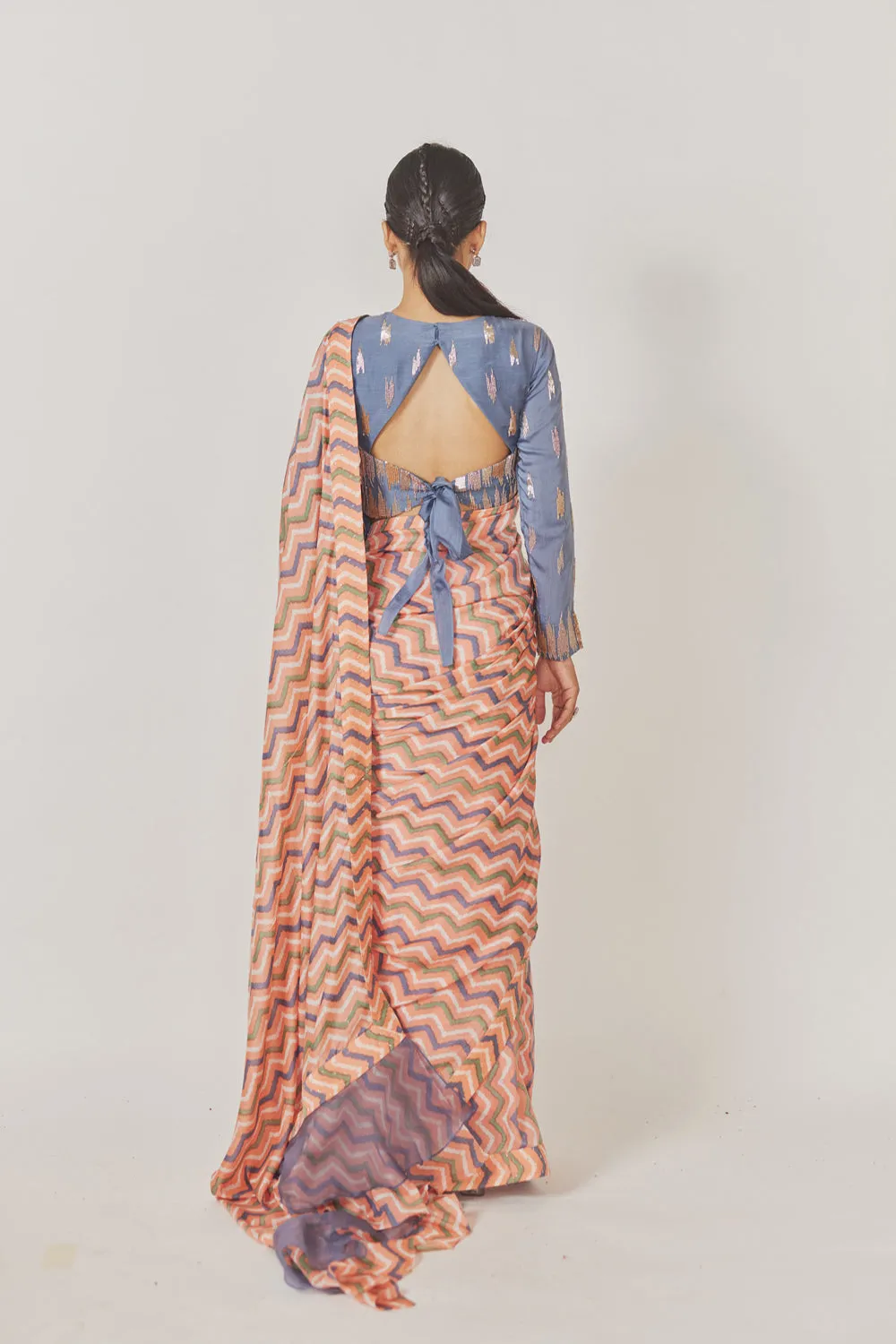 Peach Shevron Saree   Hand Embroidered Gray Full Sleevs Blouse
