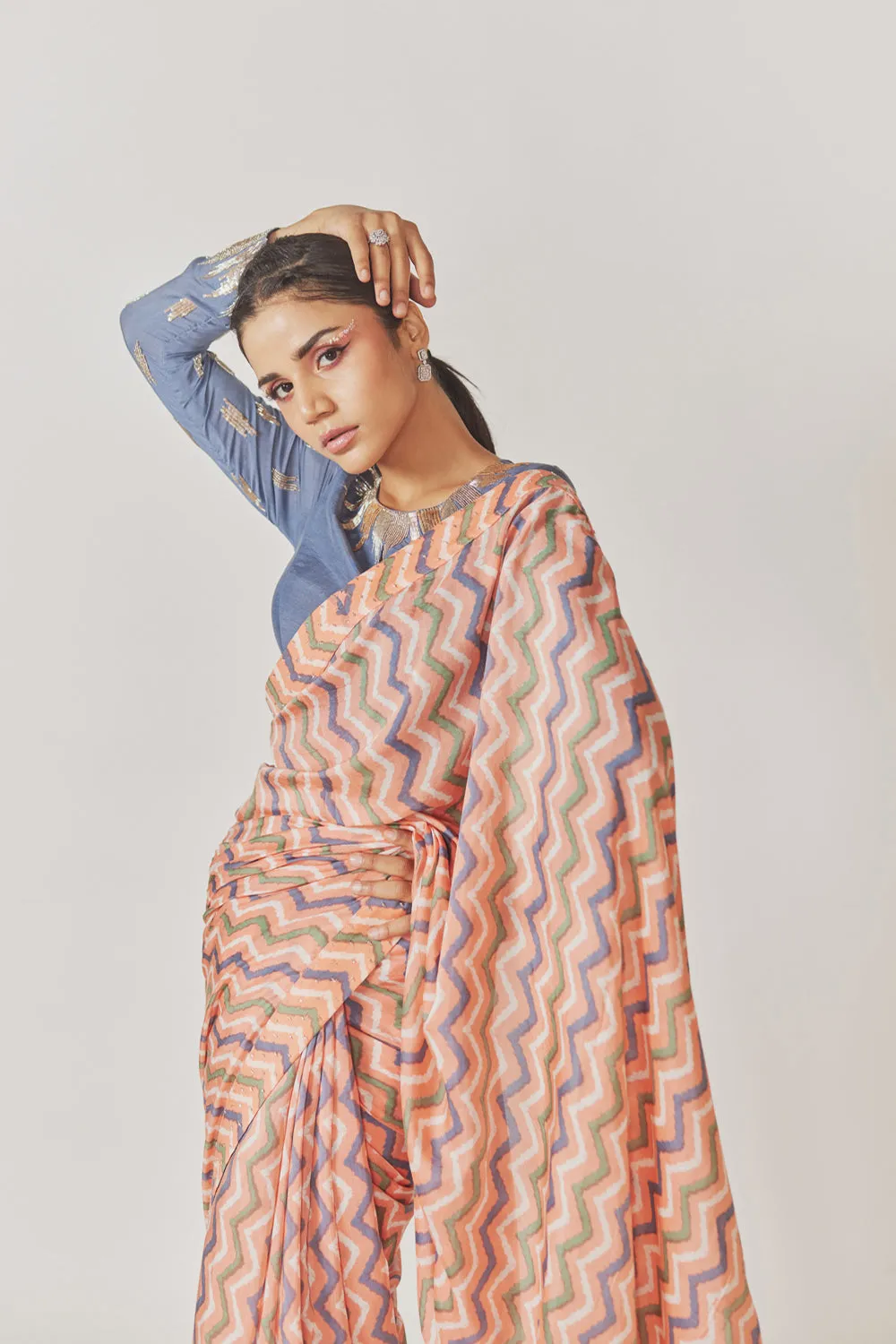 Peach Shevron Saree   Hand Embroidered Gray Full Sleevs Blouse