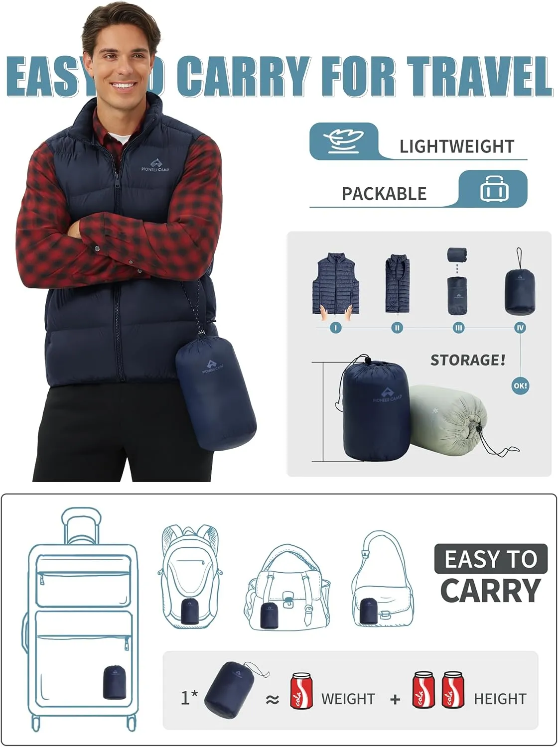 Pioneer Camp Men's Lightweight Down Vest Fill Power 700 Packable Puffer Vest Sleeveless Warm Puffy Outerwear