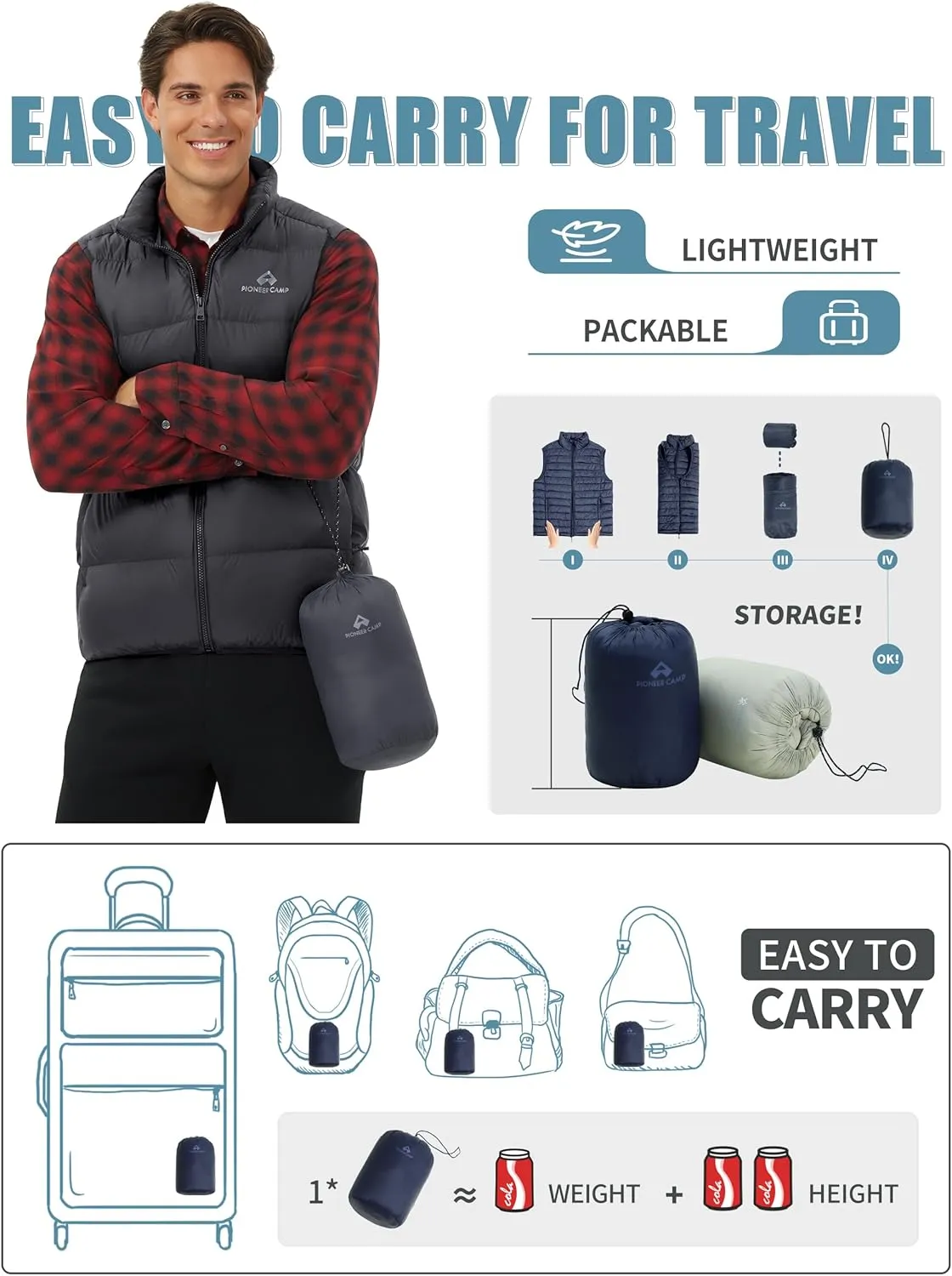 Pioneer Camp Men's Lightweight Down Vest Fill Power 700 Packable Puffer Vest Sleeveless Warm Puffy Outerwear