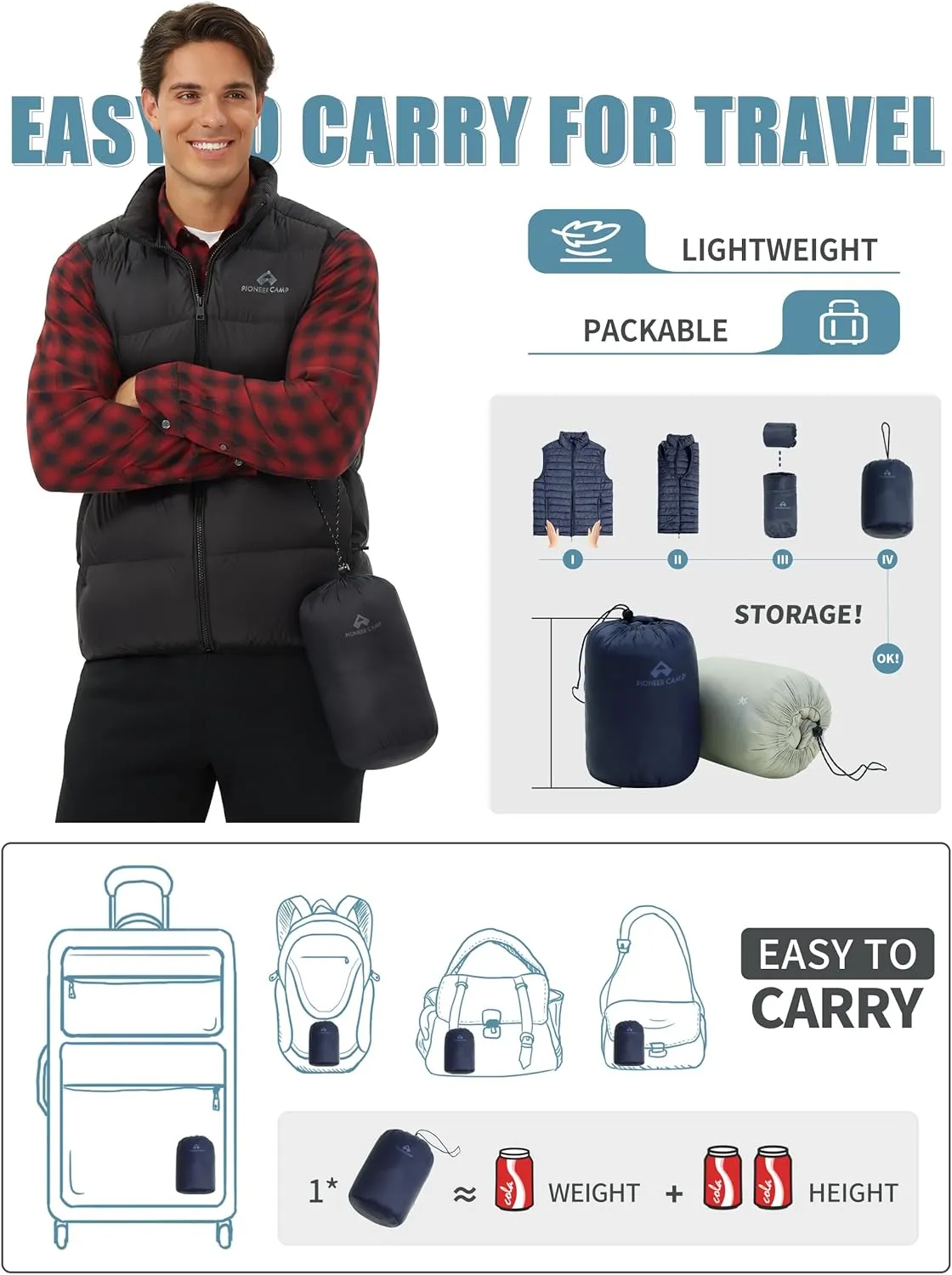 Pioneer Camp Men's Lightweight Down Vest Fill Power 700 Packable Puffer Vest Sleeveless Warm Puffy Outerwear