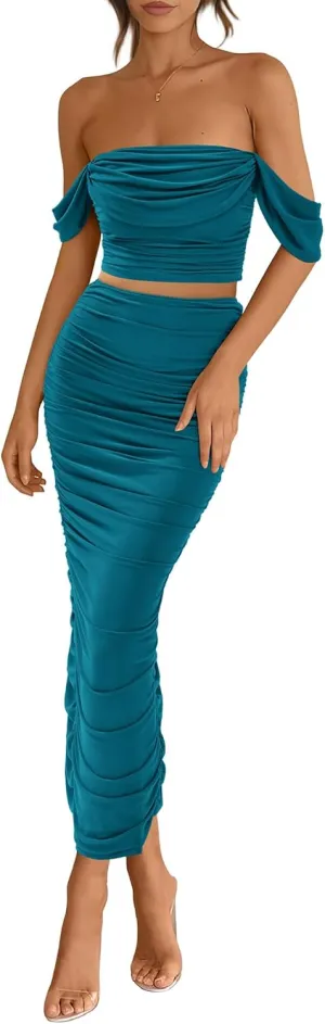 PRETTYGARDEN Women Sexy Two Piece Outfits Summer Off Shoulder Ruched Bodycon Mesh Cocktail Club Skirt Sets 2025