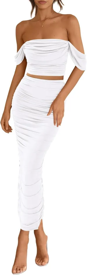 PRETTYGARDEN Women Sexy Two Piece Outfits Summer Off Shoulder Ruched Bodycon Mesh Cocktail Club Skirt Sets 2025