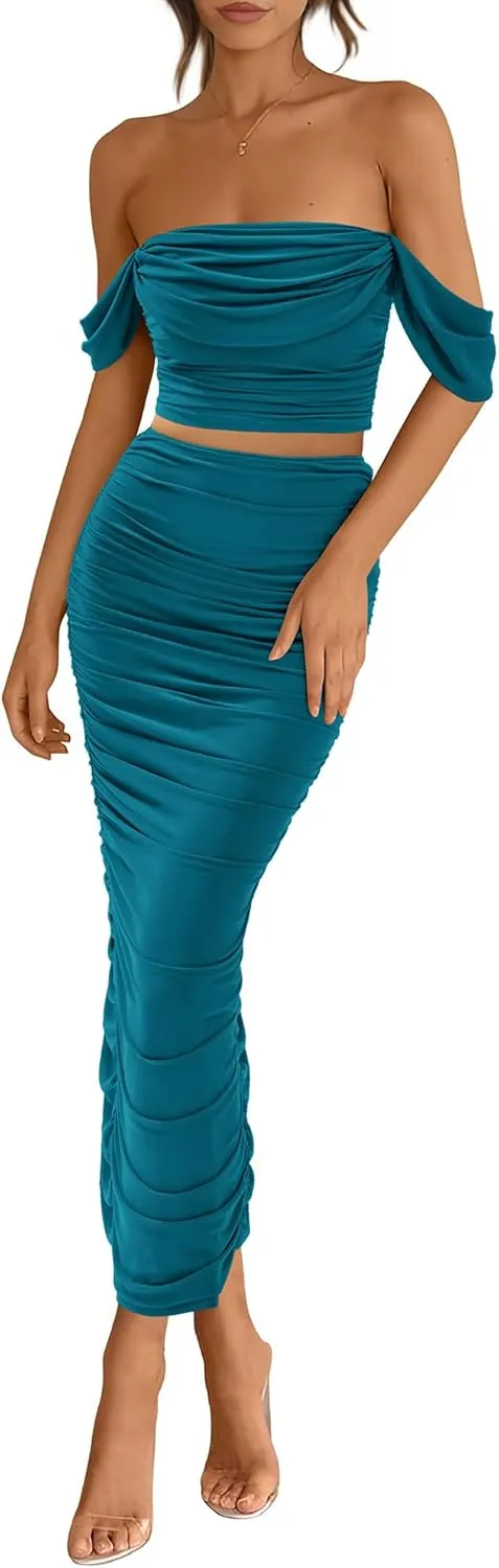 PRETTYGARDEN Women Sexy Two Piece Outfits Summer Off Shoulder Ruched Bodycon Mesh Cocktail Club Skirt Sets 2025