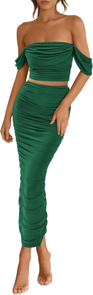 PRETTYGARDEN Women Sexy Two Piece Outfits Summer Off Shoulder Ruched Bodycon Mesh Cocktail Club Skirt Sets 2025