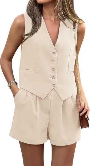 PRETTYGARDEN Women Summer 2 Piece Outfits V Neck Sleeveless Button Down Vest Shorts Sets Business Work Matching Set 2025