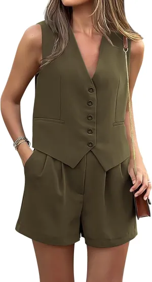 PRETTYGARDEN Women Summer 2 Piece Outfits V Neck Sleeveless Button Down Vest Shorts Sets Business Work Matching Set 2025