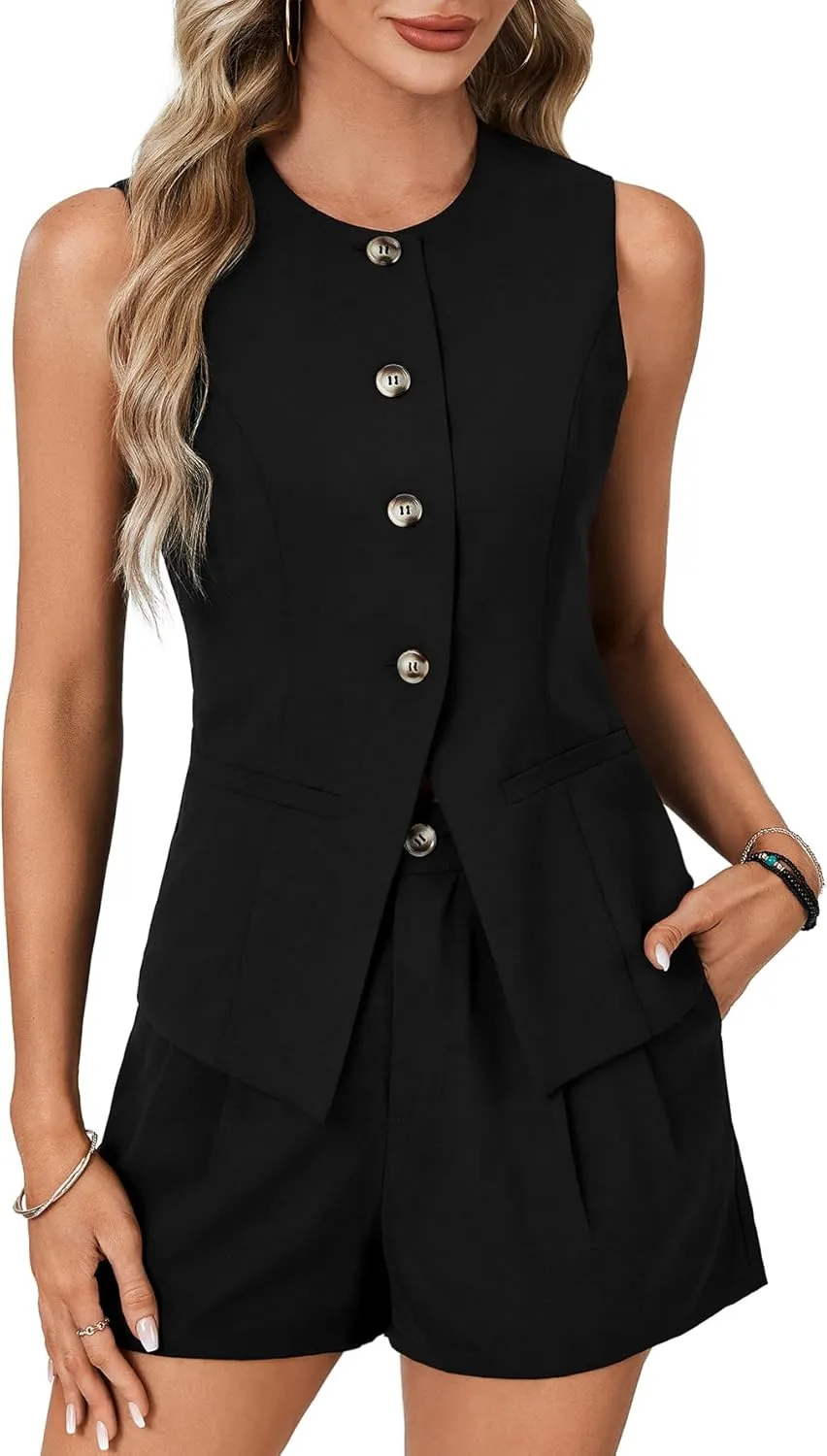 Rooscier Women's Summer 2 Piece Outfits Sleeveless Button Down Crew Neck Vest Waistcoat and Pockets Shorts