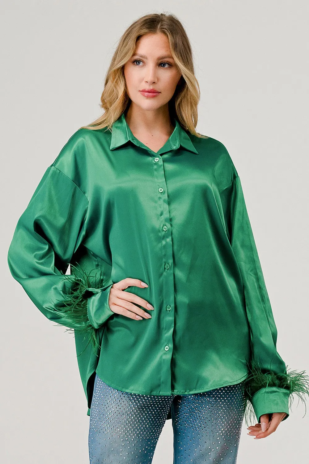 Satin Button Down Feather Top