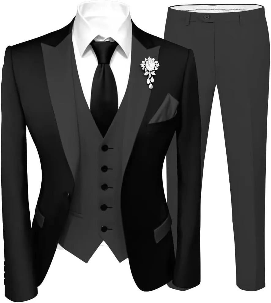 Stylish Mens Tuxedos 3 Piece Slim Fit Wedding Prom Suit for Teens Fancy Wedding Suit for Men Blazer Vest Pants