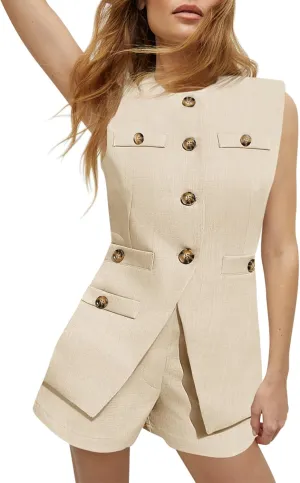 Tankaneo Womens 2 Piece Outfits Casual Suit Sets Sleeveless Button Down Blazer Vest Shorts Office Business Matching Set