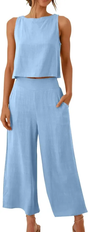 Two Piece Linen Sets for Women Pants Casual Dressy Outfit Sleeveless Crop Tank Wide Leg Pants Sets Matching Loungewear