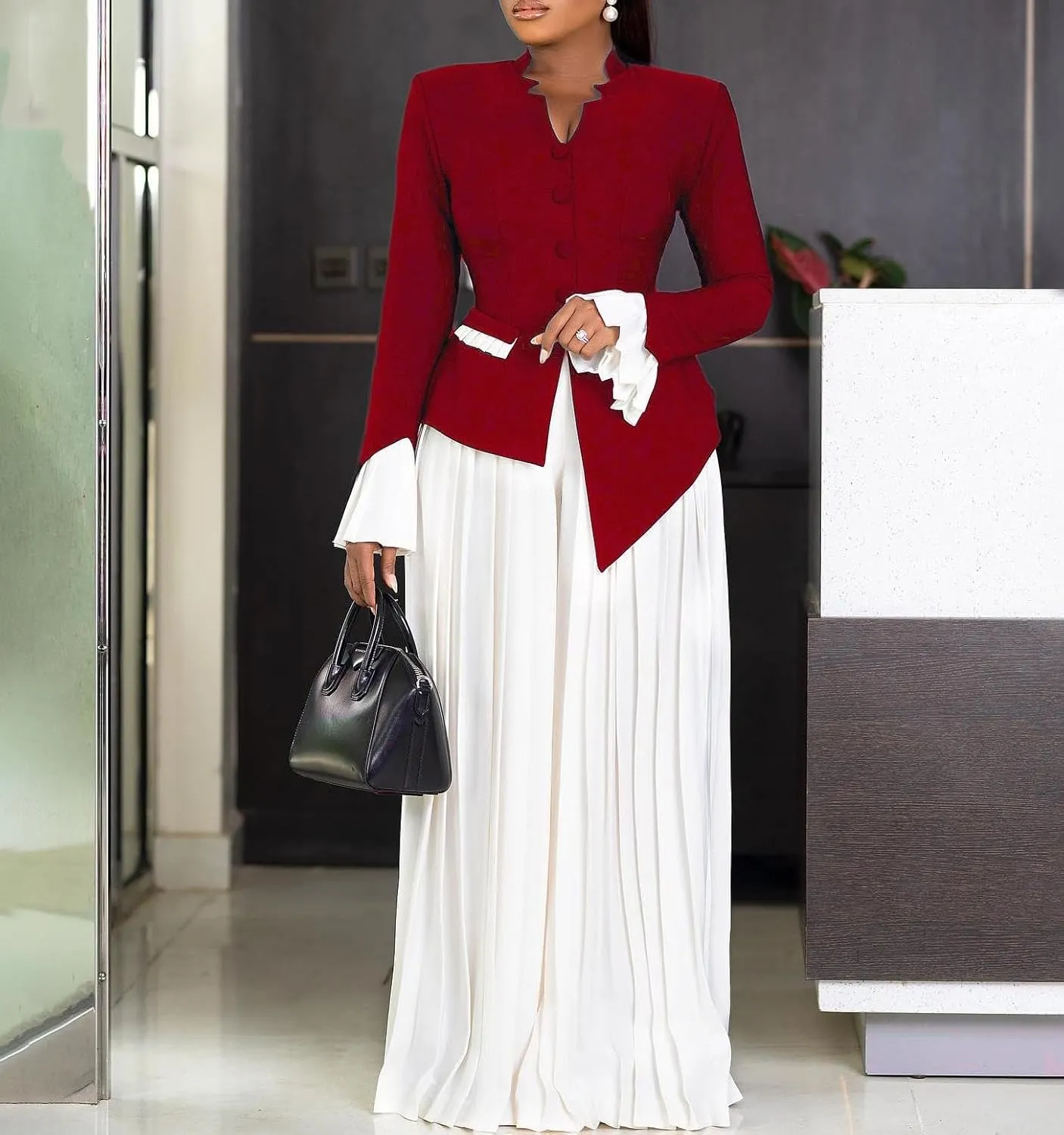 Unybwonn Women's Two Piece Suits Sets Dressy Long Sleeve Blazer Palazzo Chiffon Baggy Pants Elegant Business Outfits