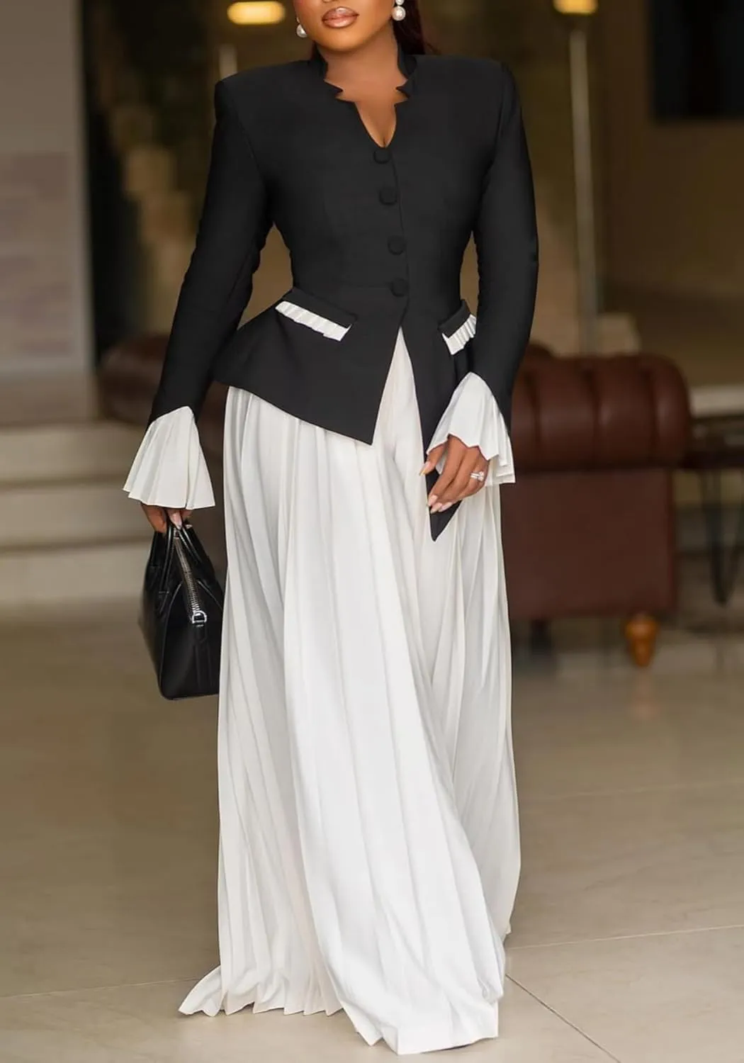 Unybwonn Women's Two Piece Suits Sets Dressy Long Sleeve Blazer Palazzo Chiffon Baggy Pants Elegant Business Outfits