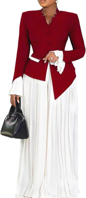Unybwonn Women's Two Piece Suits Sets Dressy Long Sleeve Blazer Palazzo Chiffon Baggy Pants Elegant Business Outfits