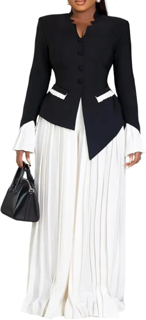 Unybwonn Women's Two Piece Suits Sets Dressy Long Sleeve Blazer Palazzo Chiffon Baggy Pants Elegant Business Outfits