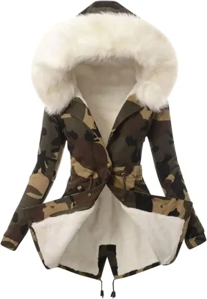 Women Faux Fur Lining Jackets Middle Length Warm Camo Thick Hooded Overcoat Fleece Lined Trench Coat Parkas Outwear