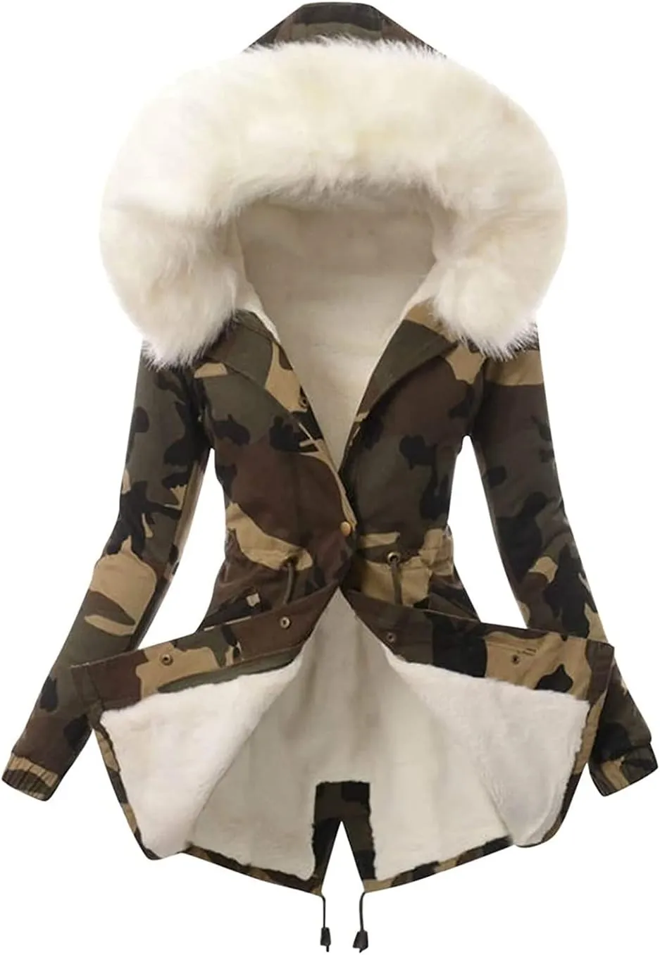 Women Faux Fur Lining Jackets Middle Length Warm Camo Thick Hooded Overcoat Fleece Lined Trench Coat Parkas Outwear