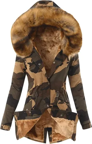 Women Faux Fur Lining Jackets Middle Length Warm Camo Thick Hooded Overcoat Fleece Lined Trench Coat Parkas Outwear