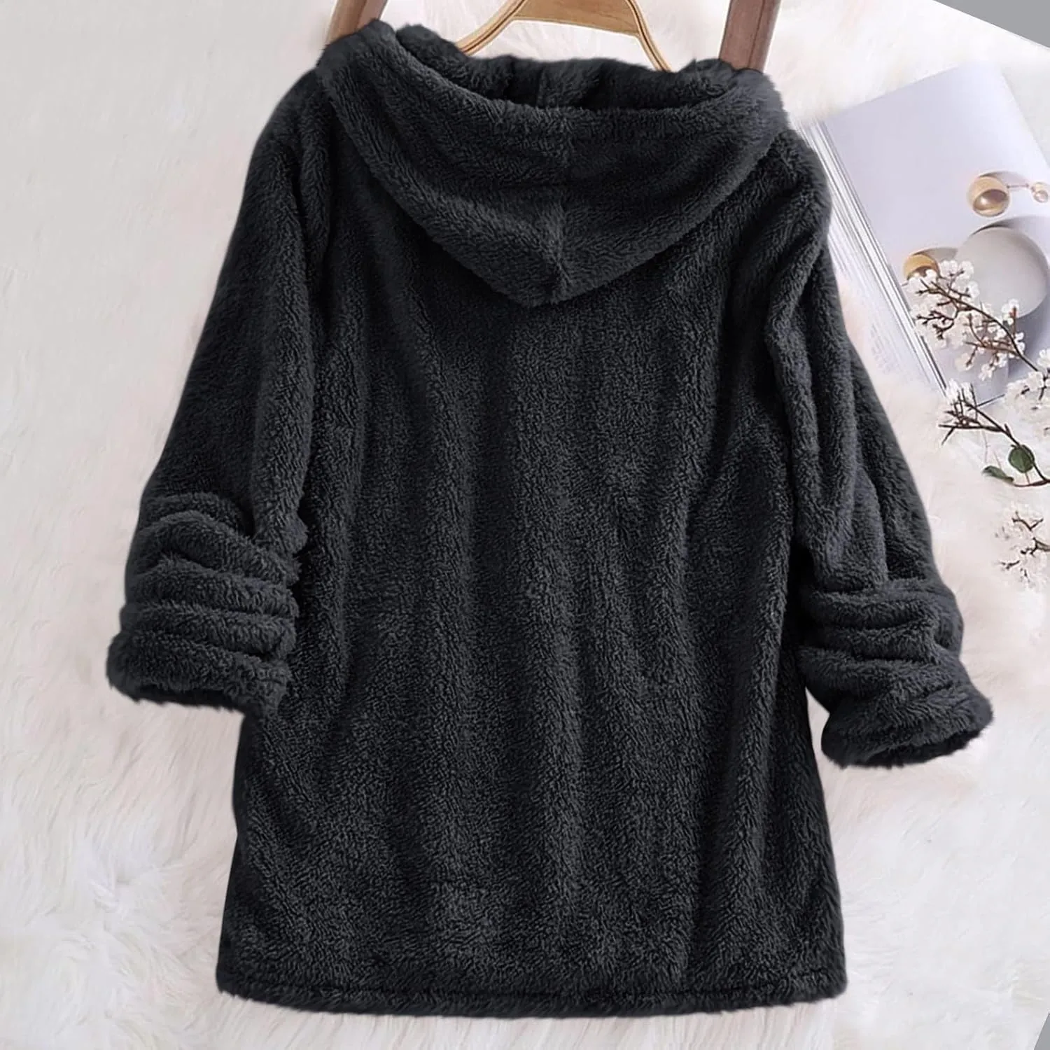 Women Sherpa Fleece Hoodies Oversized Sweatshirts Long Sleeve Drawstring Pullover Winter Soft Comfy Fuzzy Pajama Tops